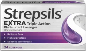 Strepsils Extra Triple Action Blackcurrant Lozenges for Sore Throat