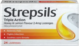 Strepsils Triple Action Honey & Lemon Lozenges for Sore Throat