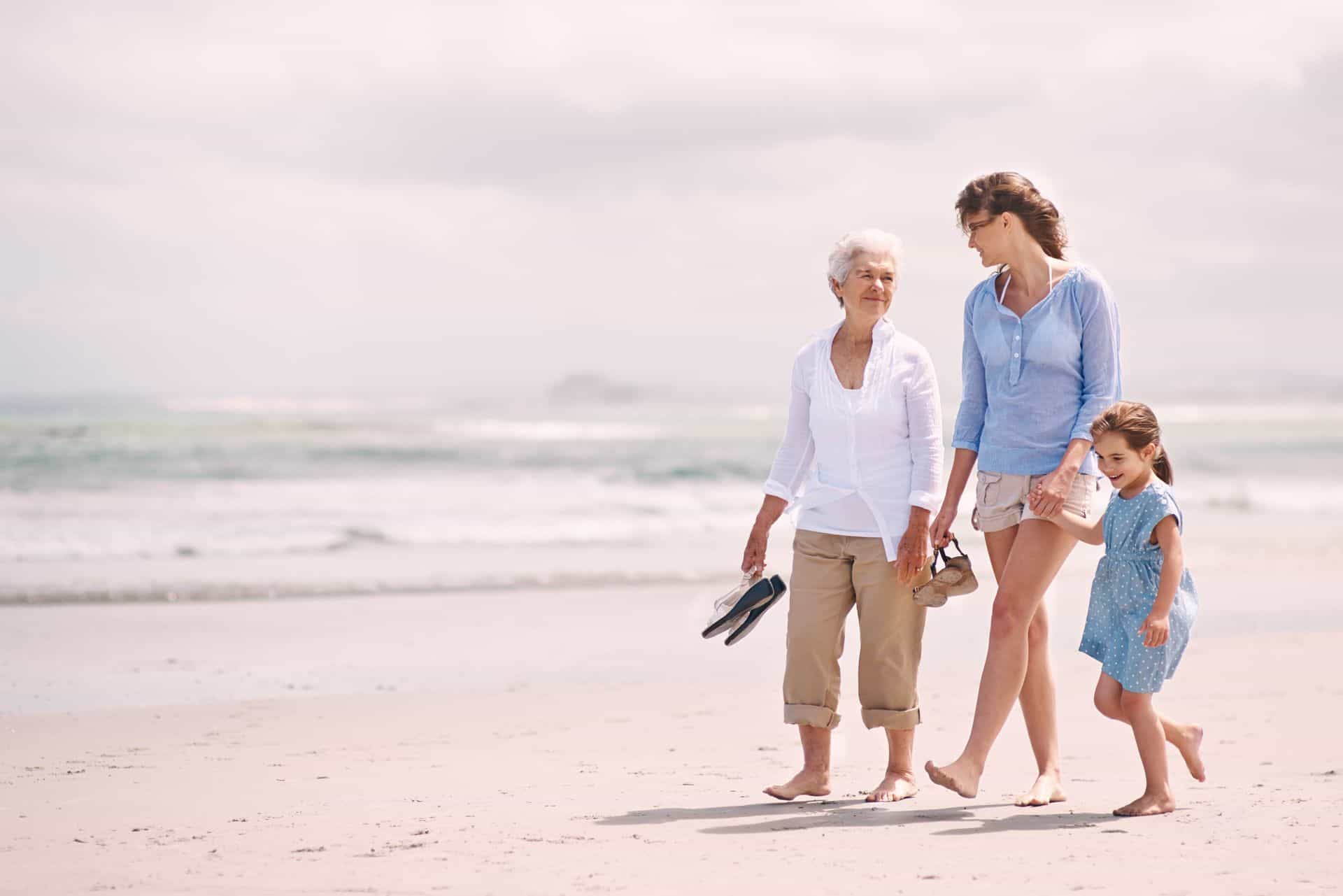 Grandmother, Mother and Daughter walking on beach 