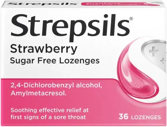 Strepsils Strawberry Sugar Free Lozenges for Sore Throat